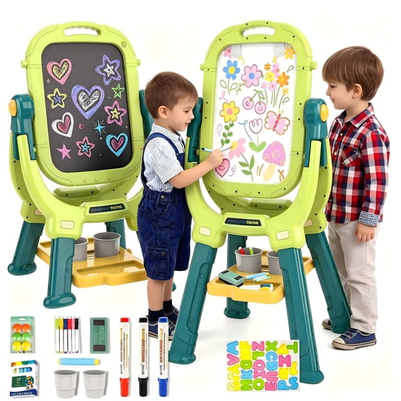 BATTOP Kids Art Easel, Double-Side Adjustable Standing Toddler Easel, Whiteboard & Chalkboard with Accessories, Gift for Boys Girls Age 3+