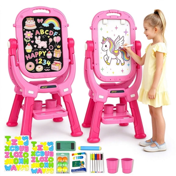 BATTOP Easel for Kids with Painting Accessories, Double Sided Drawing Board Kids Art Easel, Adjustable, Standing, Birthday Gifts for Girls 3+