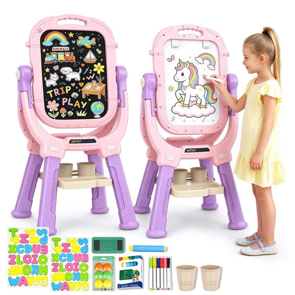 BATTOP Easel for Kids, Toddler Art Easel Adjustable Standing, Magnetic Double Sided with Painting Accessories, Birthday Gifts for Little Girls 3+