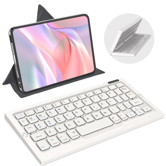BATTOP Foldable Bluetooth Keyboard with Protective Stand Case, Portable Wireless Keyboard, Compatible for Tablet, Smartphone, Laptop(White)