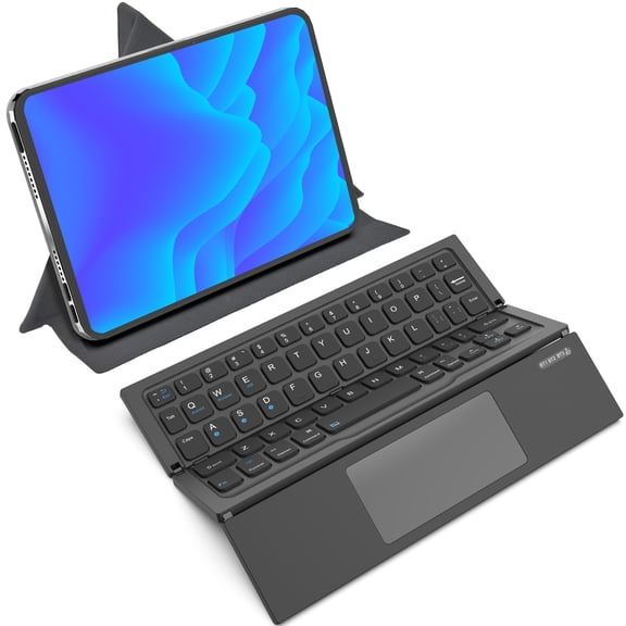 BATTOP Foldable Bluetooth Keyboard with Touchpad, Rechargeable Wireless Keyboard with Folding Stand Case, Compatible with iOS Android Windows