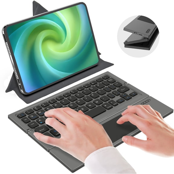 BATTOP Foldable Bluetooth Keyboard with Touchpad, Portable Wireless Keyboard with Protective Stand, Compatible with iOS, Android, and Windows(Gray)