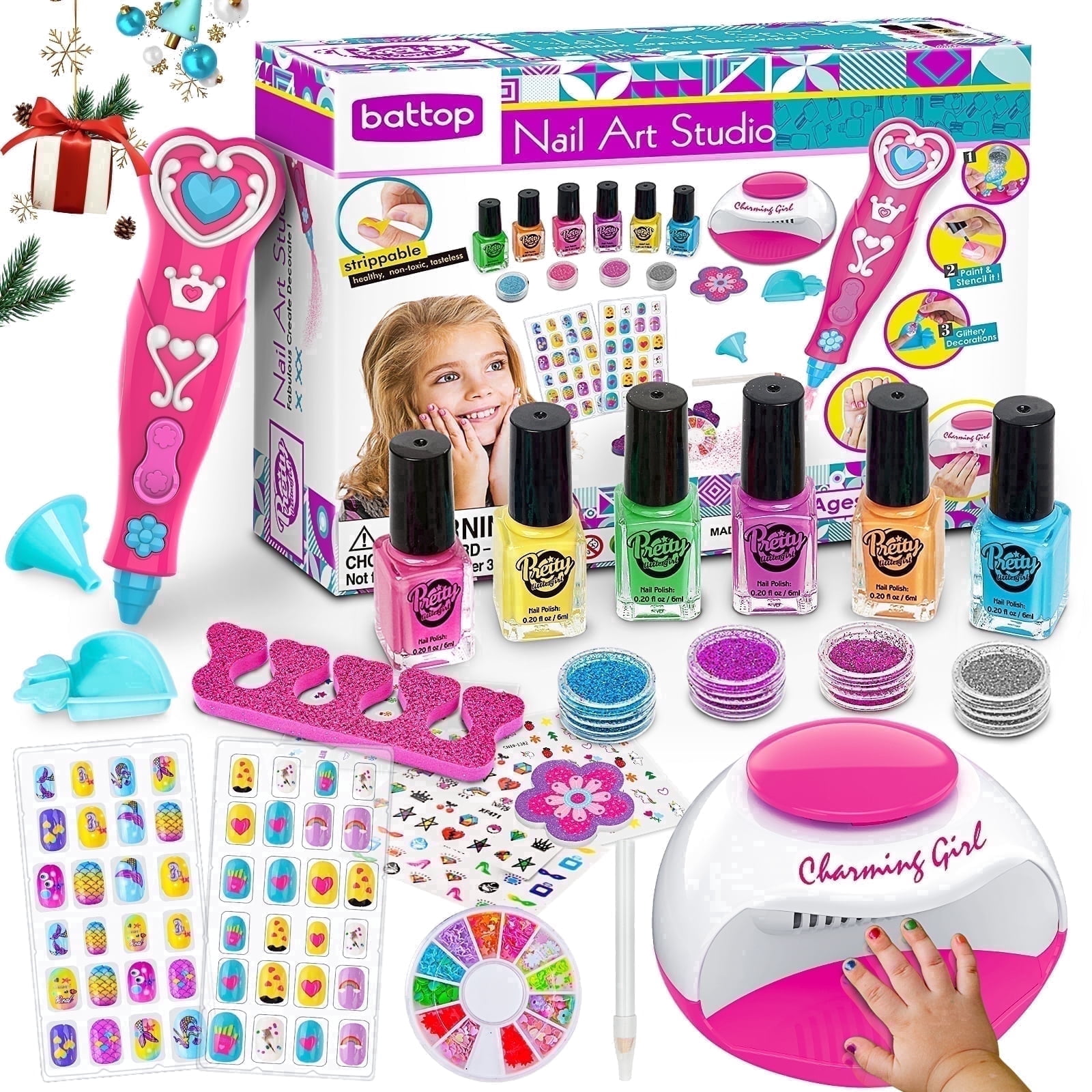 BATTOP Kids Nail Polish Set, Brithday Gifts for Girls Age 6-12, Quick Dry Peel Off, Safe Non-Toxic Beauty Set, Girls Nail Salon Games