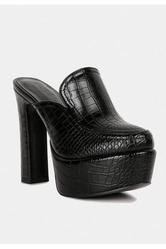 BAUHAUS Black Croc Pattern Heeled Platform Mules