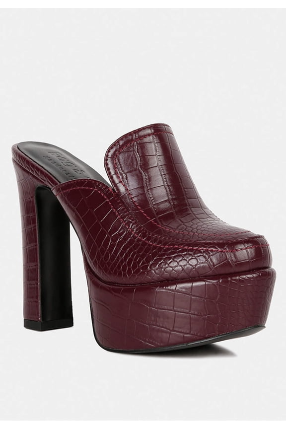 BAUHAUS Burgundy Croc Pattern Heeled Platform Mules
