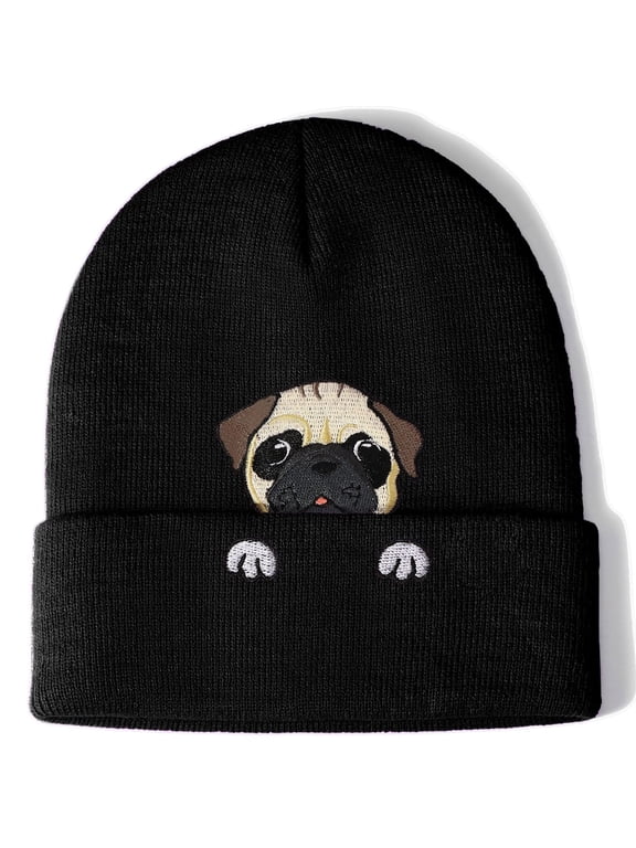 Black Pug Beanie Hat for Women Men Thick Knitted Cuffed Skull Cap Winter Cute Stuff Accessories Birthday Valentines Day Decoration Gifts Girlfriend Boyfriend Wife Husband Teen Age Ideas