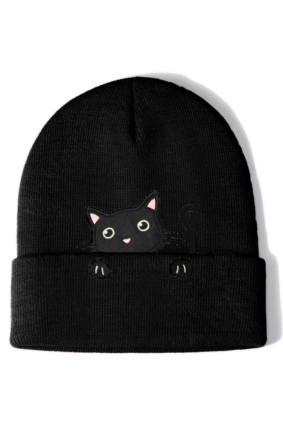Black Cat Beanie Hat for Women Men Thick Knitted Cuffed Skull Cap Winter Cute Stuff Accessories Birthday Valentines Day Decoration Gifts Girlfriend Boyfriend Wife Husband Teen Age Ideas