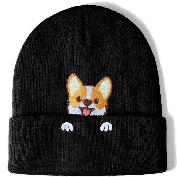 BAVACE Black Corgi Beanie Hat for Women Men Thick Knitted Cuffed Skull Cap Winter Cute Stuff Accessories Birthday Valentines Day Decoration Gifts Girlfriend Boyfriend Wife Husband Age Ideas