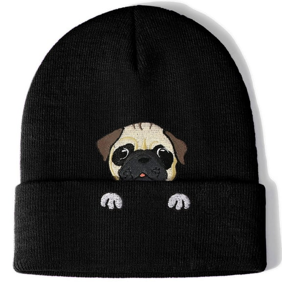 BAVACE Black Pug Beanie Hat for Women Men Thick Knitted Cuffed Skull Cap Winter Cute Stuff Accessories Birthday Valentines Day Decoration Gifts Girlfriend Boyfriend Wife Husband Teen Age Ideas