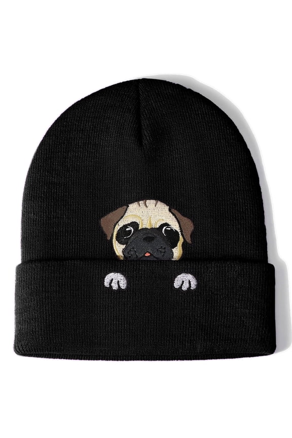 Black Pug Beanie Hat for Women Men Thick Knitted Cuffed Skull Cap Winter Cute Stuff Accessories Birthday Valentines Day Decoration Gifts Girlfriend Boyfriend Wife Husband Teen Age Ideas
