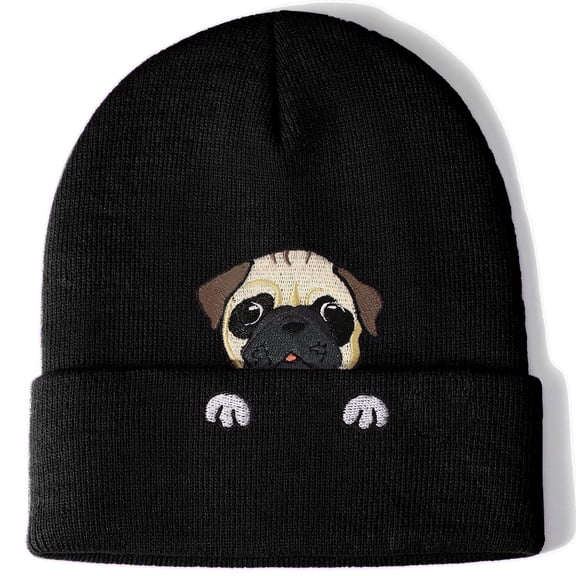 BAVACE Black Pug Beanie Hat for Women Men Thick Knitted Cuffed Skull Cap Winter Cute Stuff Accessories Birthday Valentines Day Decoration Gifts Girlfriend Boyfriend Wife Husband Teen Age Ideas