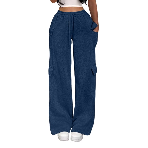 BAVIRRA Junior Women's Multi Pocket Wide Leg Cargo Sweatpants, Drawstring Waist Heather Knit Casual Pants