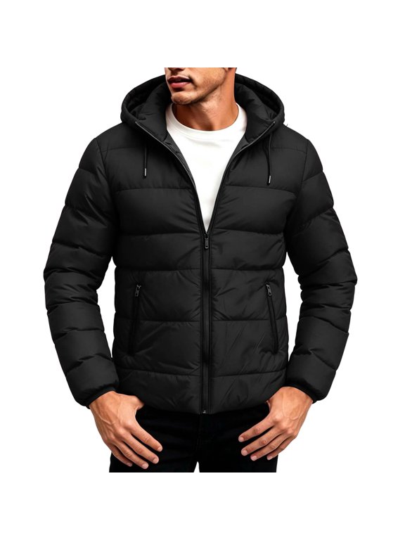 Men's Horizontal Quilted Hooded Puffer Jacket Full Zip Adjustable Drawstring Coat with Zipper Pockets for Fall Winter Commute & Daily Outdoor Use