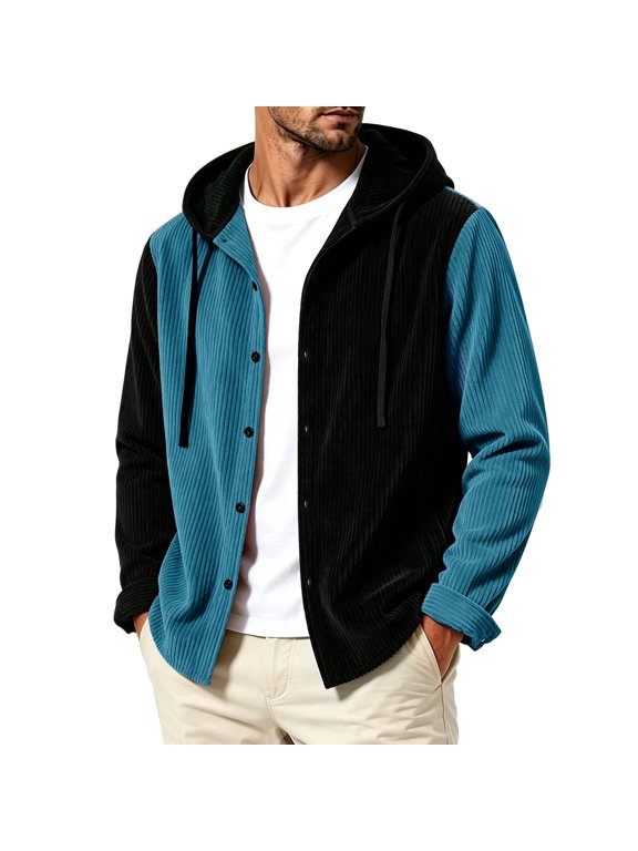 Men's Vertical Striped Corduroy Hooded Jacket Color Block Button Down Casual Outerwear for Fall Daily Commute & Weekend Leisure