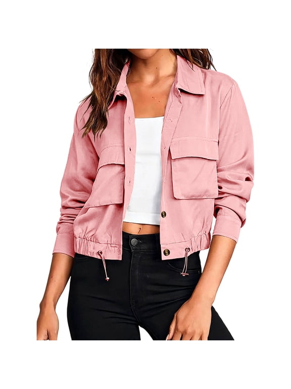 Women Cropped Point Collar Utility Jacket Button Down Style with Drawstring Hem & Flap Cargo Pockets