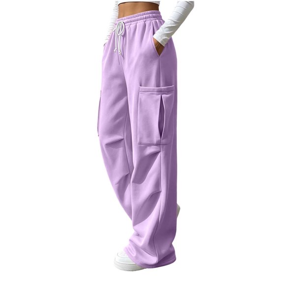 BAVIRRA Women's Drawstring Elastic Waist Cargo Wide Leg Sweatpants, Knit Flared Casual Pants with Large Cargo Pockets, Loose Streetwear Lounge Bottoms