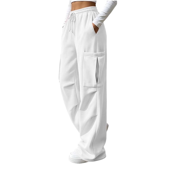 BAVIRRA Women's Drawstring Elastic Waist Cargo Wide Leg Sweatpants, Knit Flared Casual Pants with Large Cargo Pockets, Loose Streetwear Lounge Bottoms