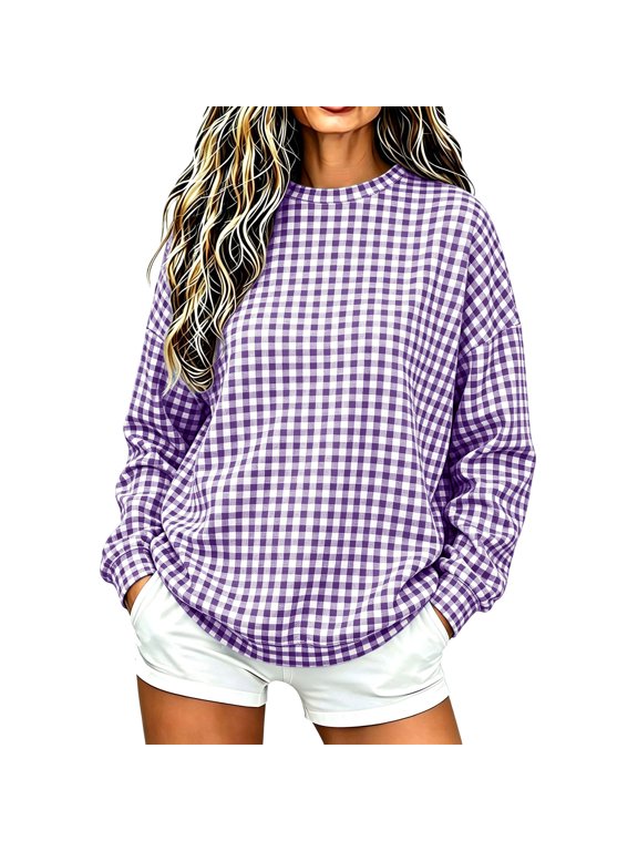Women's Gingham Plaid Oversized Sweatshirt Crew Neck Long Sleeve Loose Fit Casual Pullover Top