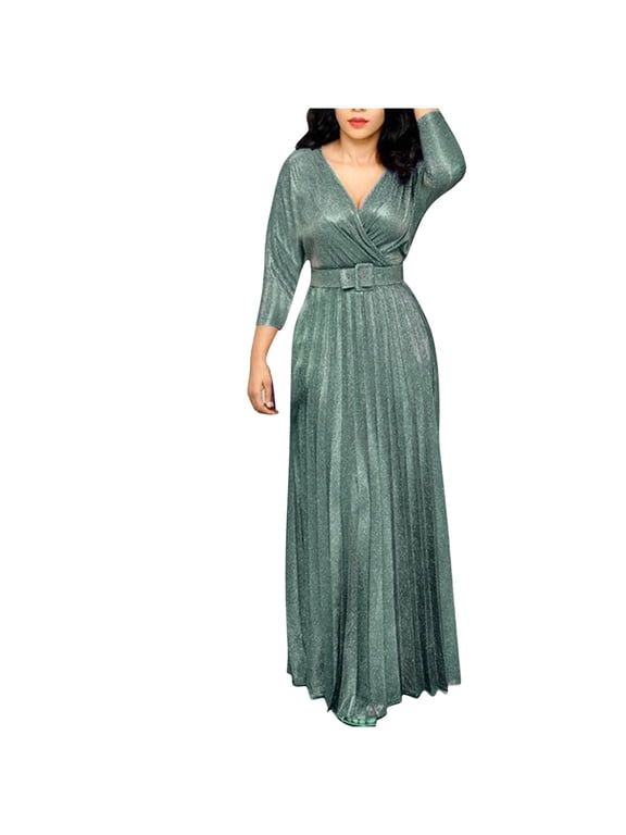Women's Plus Size Belted Glitter Maxi Dress Wrap V-Neck 3/4 Sleeve A-Line Pleated Formal Dress for Wedding Guest Evening Party