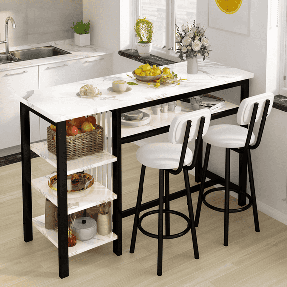 Baxluxe Bar Table and Chairs Set for 2,Bar Dining Table Set with Storage Shelves,Marble Counter Height Dining Table Set for Breakfast Nook,Small Space ,White & Black