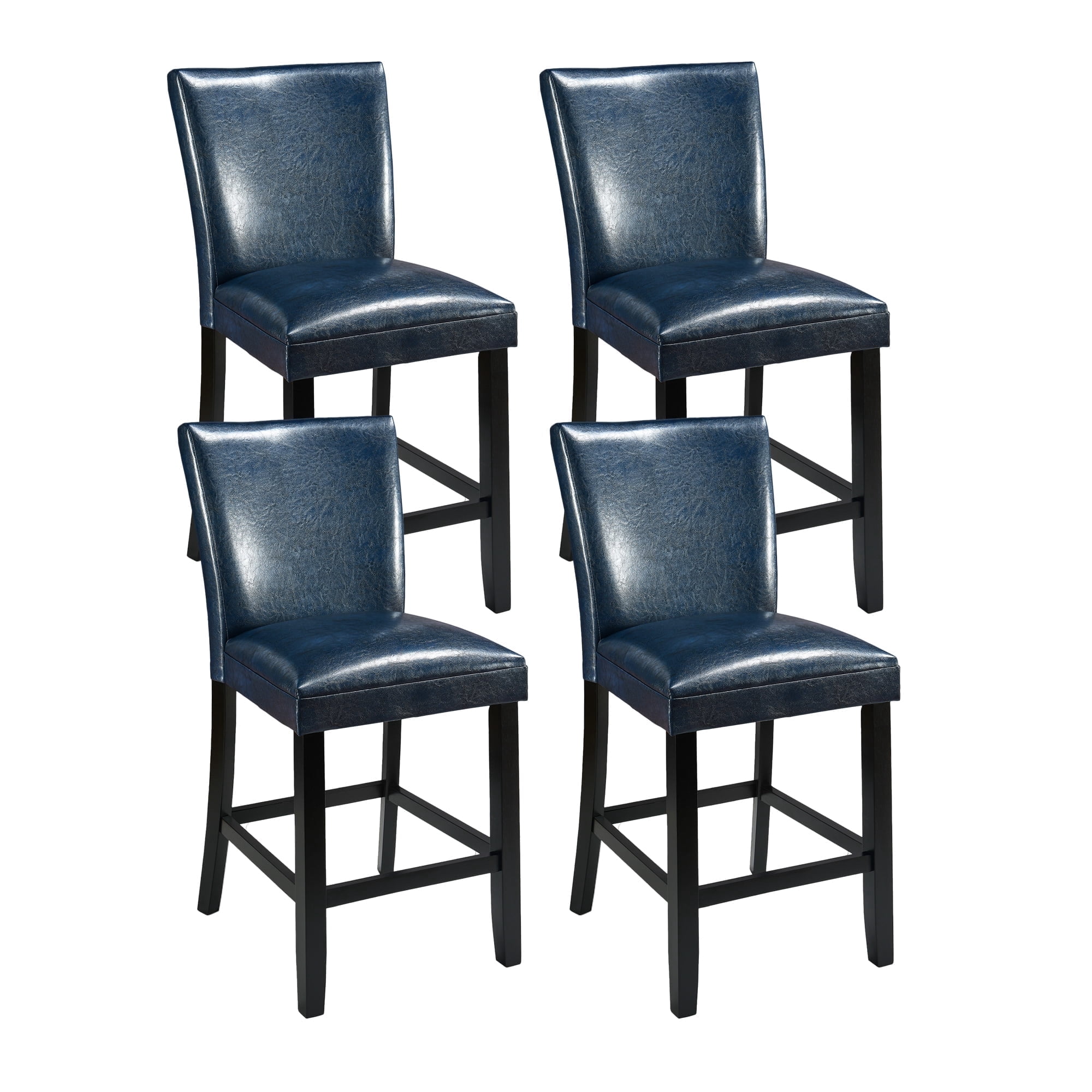 BAXMUY Set of 4 Counter Height Bar Stools, 25.6" Seat, Dark Blue, Solid Wood & Faux Leather Bar Chairs for Kitchen Island & Home Bar