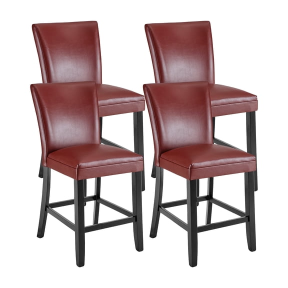 BAXMUY Set of 4 Counter Height Bar Stools, 25.6" Seat, Red, Solid Wood & Faux Leather Bar Chairs for Kitchen Island & Home Bar