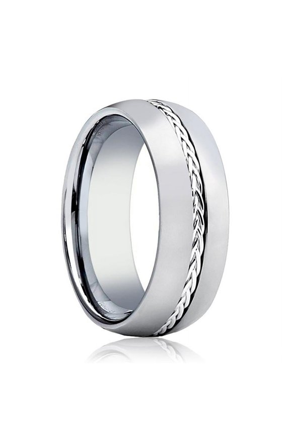 BAXTER | Silver Tungsten Ring, Sterling Silver Braided Insert, Domed
