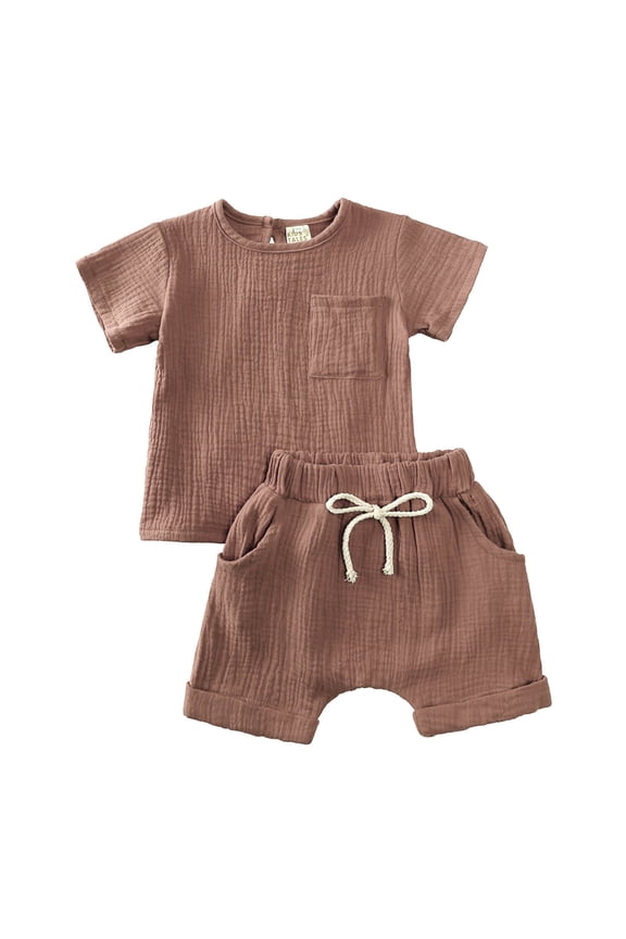 2 Piece Outfits Toddler Kids Baby Boy Girl Solid Pullover Short Sleeve Sweatshirt T Shirt Crewneck Tops Shorts Set Clothes Clothes for Kids (Brown,80)