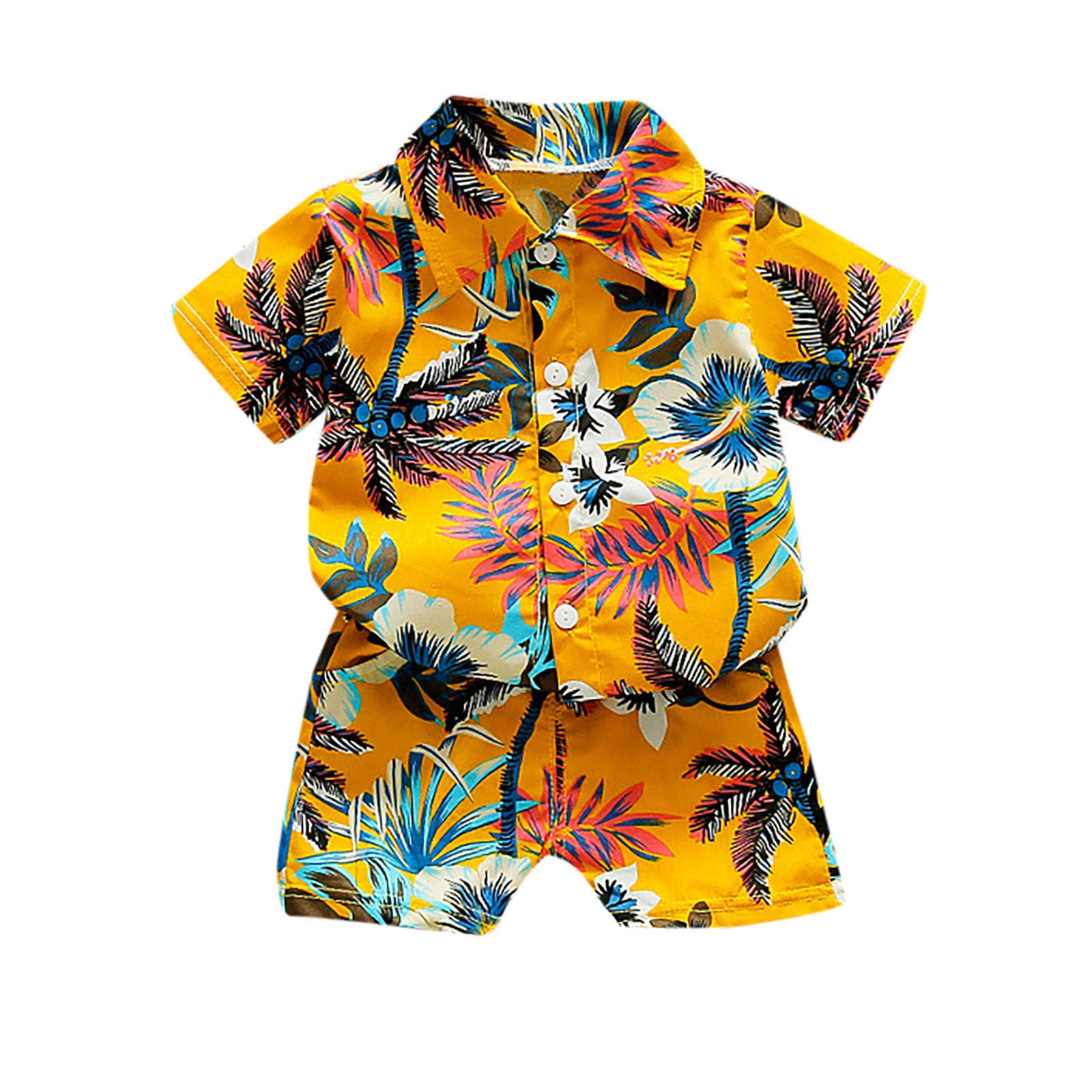 BAYAIXZ 4 Year Old Boy Clothes Baby Boy Outfits Beach Leaves Print Short Sleeve Button Down 2Pcs Clothes Set Toddler Boy Outfits 5T Preemie Clothes Boys (Yellow,110)
