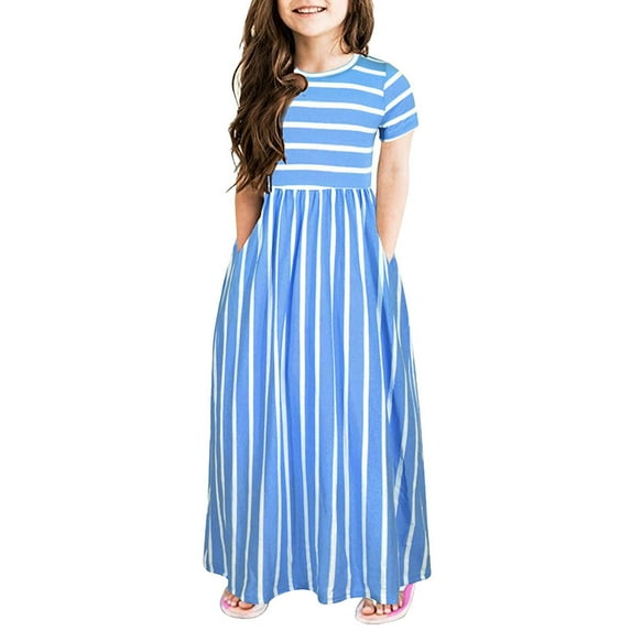 BAYAIXZ Girls' Casual Dresses Toddler Baby Girls Short Sleeve Striped Print Long Dress Kids Summer Loose Dresses Kids Clothes Vestidos De Niña (Blue,12)