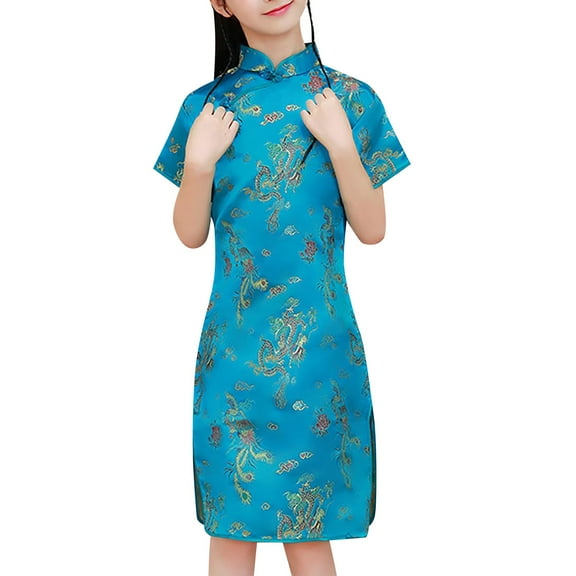 BAYAIXZ Girls' Dresses Infant Toddler Big Kids Short Sleeve Stand Up Collar Plated Buckle Chinese Cheongsam New Year's Gown Holiday Dresses Girls Summer Dresses Size 10-12 (Sky Blue,90)