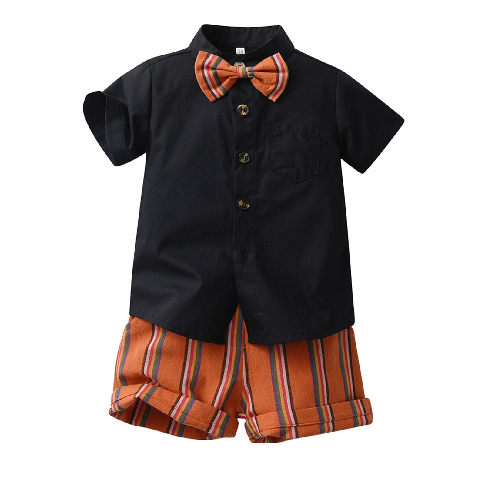 BAYAIXZ Kids 80S Outfits for Boys Children's Boys Summer Suit Short Sleeved Colorful Shirt with Bow Tie Navy Blue Shorts Performance Suit Gentleman Suit Boys Clothing Set (I,80)