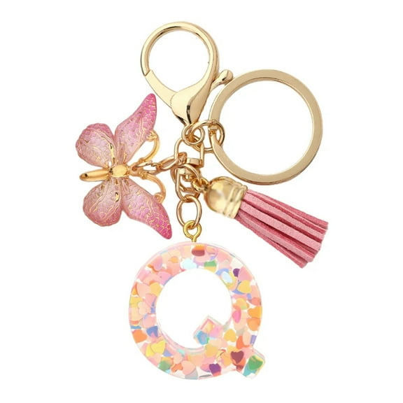 BAYAIXZ Resin English Letter Glue Jewelry Popular Butterfly Pendant Love Sequin Keychain (Q,A)