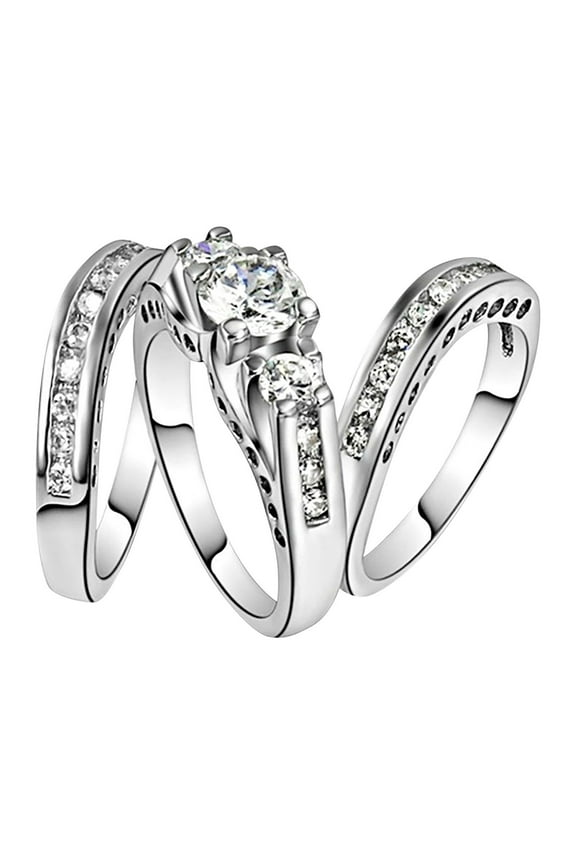Ring Women's Sparkling Diamond Set Zirconia Ring Promise Ring Set Zirconia Ring Engagement Ring Three Piece Set Wedding Bands Womens Rings Wedding Rings (Silver,9)