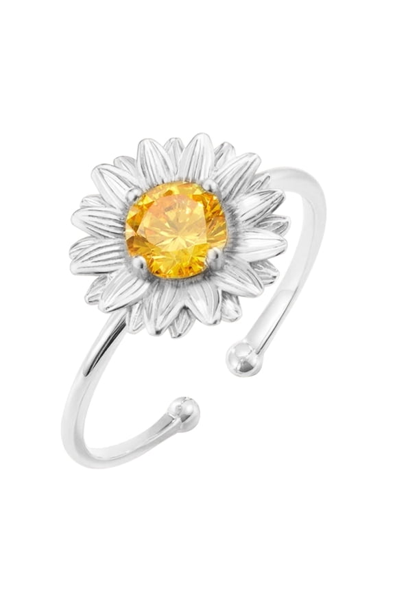 Rings Women Stylish Personality Daisy Sunflower Zircon Ring Sweet Flower Opening Ring Daughter Rings With Beads Spinning Rings Women Gifts Womens Wedding Rings (Silver,One Size)