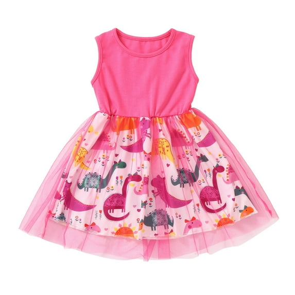 BAYAIXZ Sleeveless Tulle Dress Toddler Kids Baby Girls Sleeveless Patchwork Dinosaur Crew Neck Tulle Dress Halloween Party Princess Dresses (Pink,100)