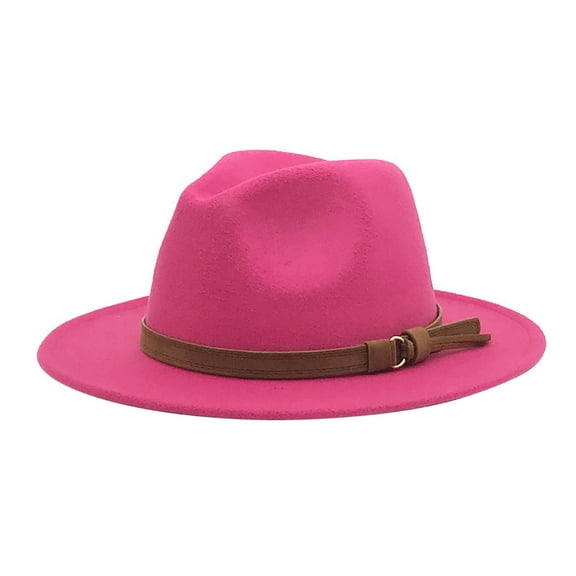 BAYAIXZ Vintage Wide Brim Fedoras Hat Women Classic Felt Fedora Wide Brim Hat with Belt Buckle Large Felt Panama Rancher Hat (Hot Pink,One Size)