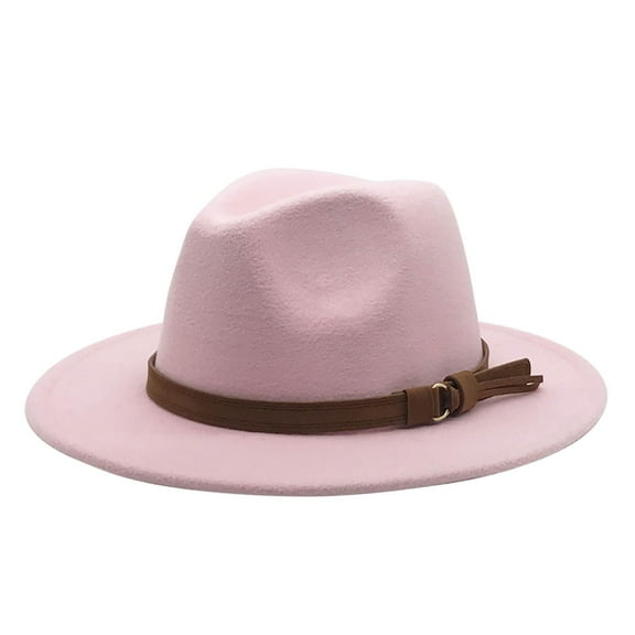 BAYAIXZ Vintage Wide Brim Fedoras Hat Women Classic Felt Fedora Wide Brim Hat with Belt Buckle Large Felt Panama Rancher Hat (Pink,One Size)
