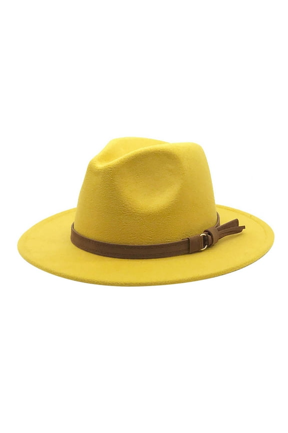 Vintage Wide Brim Fedoras Hat Women Classic Felt Fedora Wide Brim Hat with Belt Buckle Large Felt Panama Rancher Hat (Yellow,One Size)