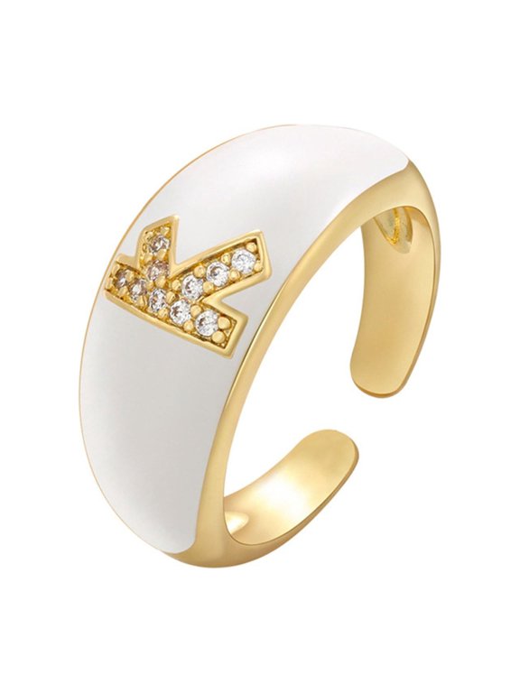 Wedding Bands Women Adjustable Crystal Gold Initial Letter Open Ring Women Alphabet Rings Women's Signet Ring Gold Tone Alphabet Rings Rings Womens Rings (K,One Size)