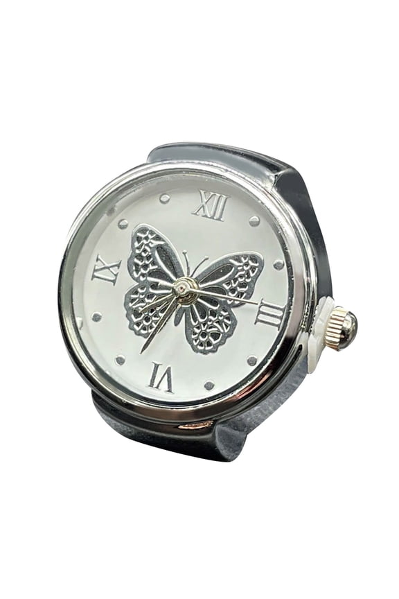 Wedding Rings for Woman Real Watch Ring To Tell Time Vintage Watch Clock Ring Round Chunky Ring Silver Adjustable Ring Fashion Watch Jewelry Wedding Band (Black,One Size)