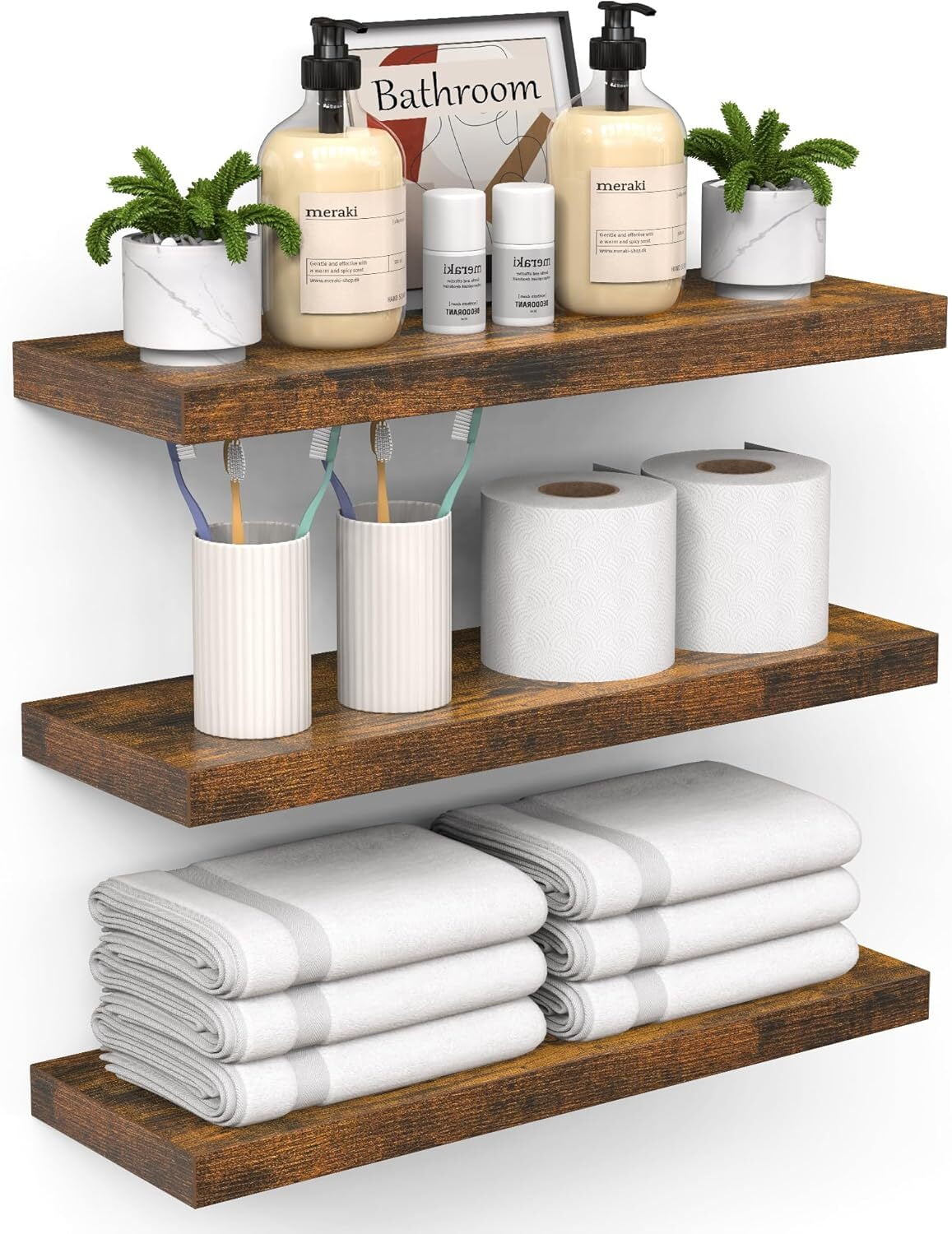 BAYKA Floating Shelves for Wall – Bathroom Shelves Rustic Wood with Metal Brackets for Bathroom, Bedroom, Kitchen, or Living Room Decor – Rustic Brown, 3 Set, Sturdy Storage with 22lb Capacity