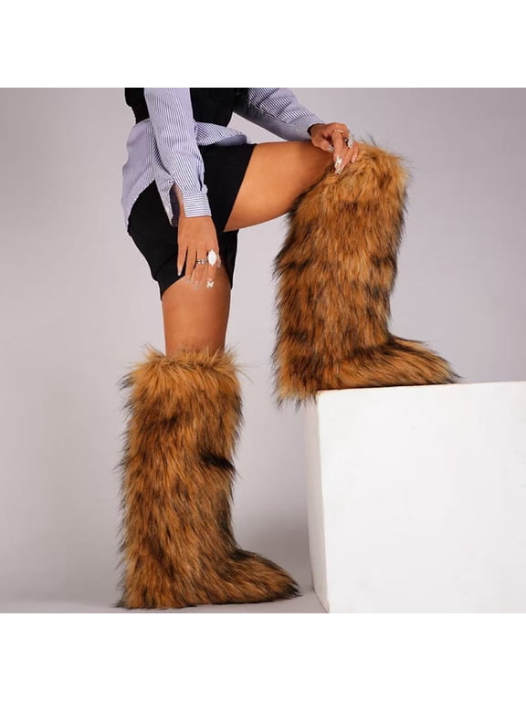 Faux Fur Boots for Women, Fluffy Knee High Snow Boots, Plush Tall Winter Boots