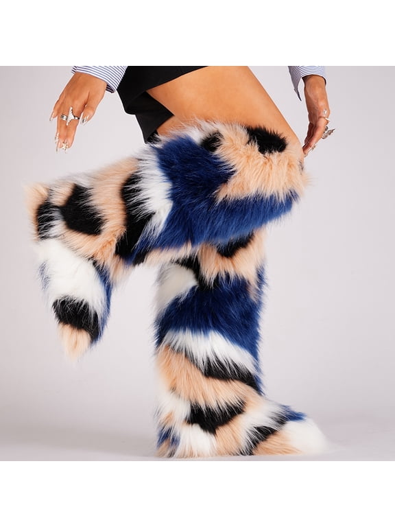 Faux Fur Boots for Women, Fluffy Knee High Snow Boots, Plush Tall Winter Boots