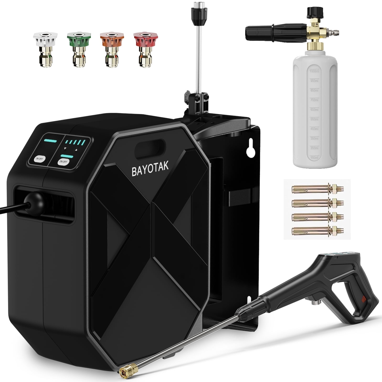 BAYOTAK Electric Pressure Washer, 5200 PSI 3.2 GPM Wall Mounted Power Washer, Remote Control with 100 FT Retractable Hose, Foam Cannon, Nozzles for Cars/Garage/Patio, Black