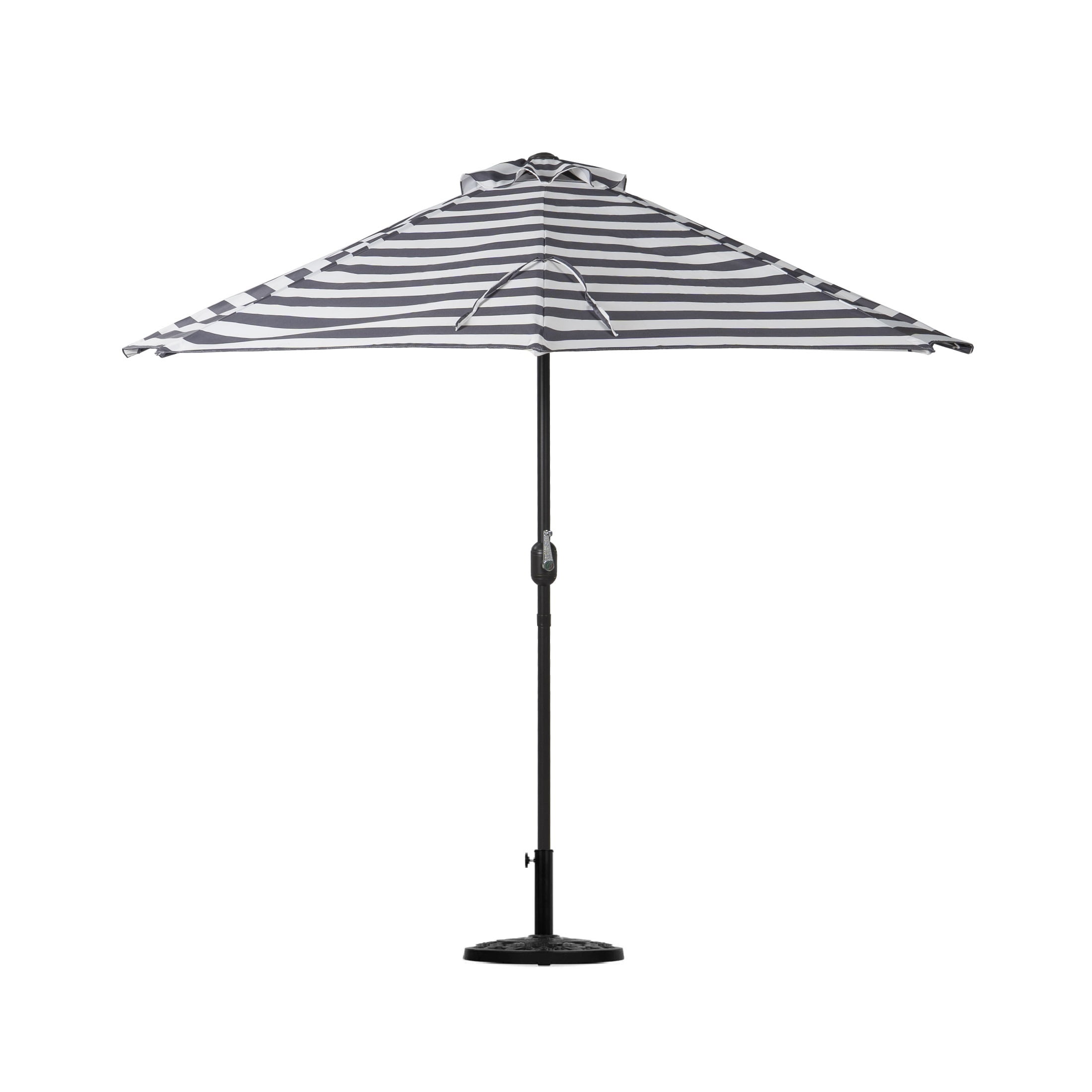 BAYSHORE 9 Ft Half Umbrella with Resin Concrete Base Included for Oudoor Patio, Gray/White Stripe