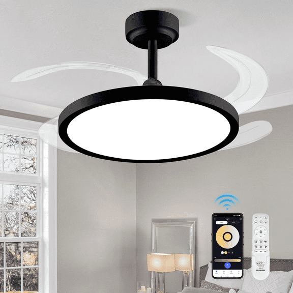 BAYSQUIRREL 42 Inch Slim Retractable Ceiling Fan with Dimmable Light, Remote/APP Control, 6 Speed Reversible Memory Function, Silent Smart Fan for Bedroom Living Room Dining Room