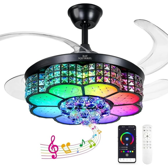 BAYSQUIRREL Retractable Crystal Ceiling Fan with RGB LED Light, Bluetooth Speaker, Remote/APP Control, 6 Speeds & Reversible Blades