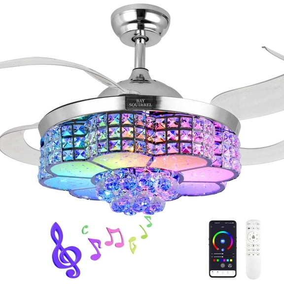 BAYSQUIRREL Retractable Crystal Ceiling Fan with RGB LED Light, Bluetooth Speaker, Remote/APP Control, 6 Speeds & Reversible Blades