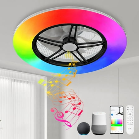 BAYSQUIRREL Alexa WiFi Low Profile Ceiling Fan with Light Flush Mount Enclosed Ceiling Fan 22" LED Dimmable Bladeless Ceiling Fans with Google Assistant/App Control,6 Speed Dimmable LED-RGB Lights